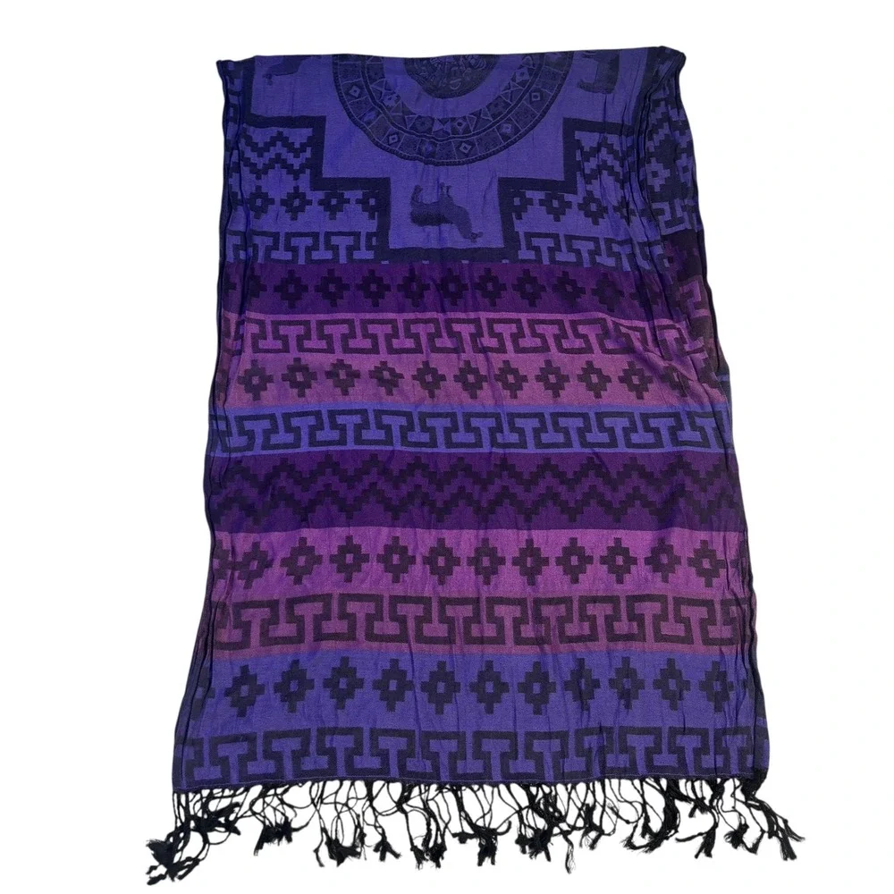 Purple Andean Llama Geometric Sun Motif Fringed Shawl Wrap‎ Scarf